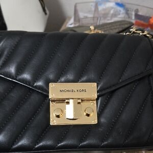Michael Kors Black Quilted Clutch with Gold Accents